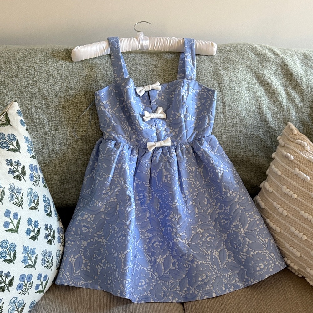 DANCE WITH DESTINY LIGHT BLUE FLORAL JACQUARD BOW FRONT MINI DRESS